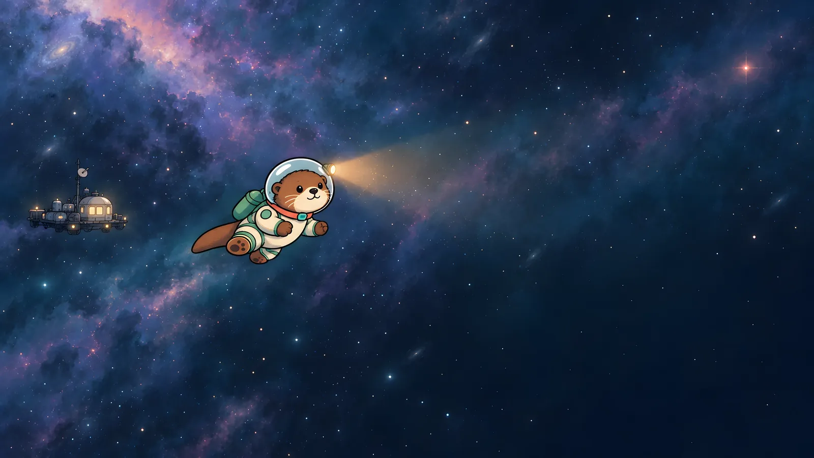 Otter Space key art: an otter in a white spacesuit flies away from a small, dim raft, its helmet lamp throwing a warm cone of light into the dark.