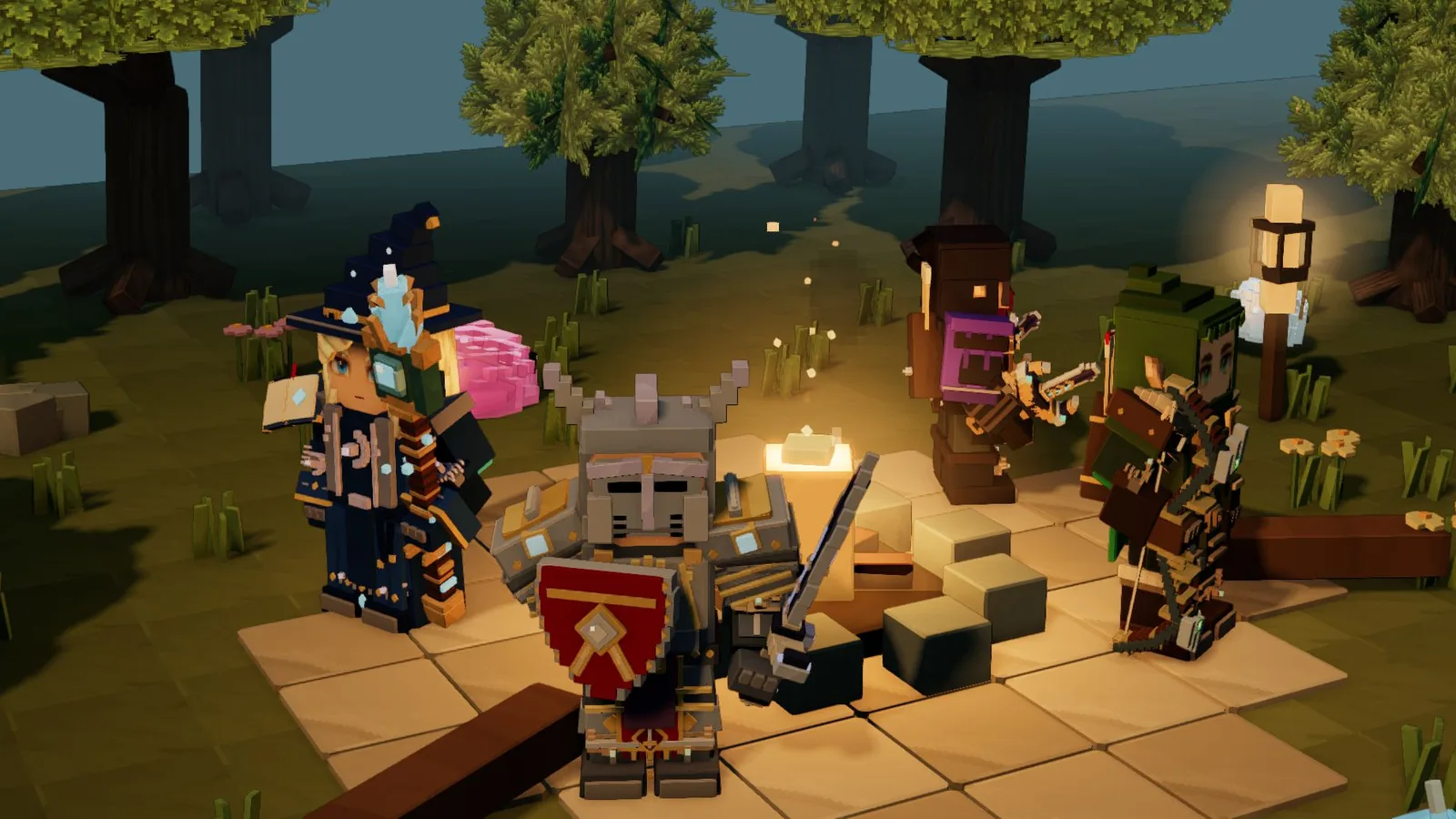 Slime Farmer's title scene: a knight, a mage, an archer and a rogue gather round a campfire in a voxel forest at dusk while a green slime looks on.